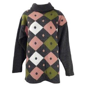 Vintage Nan Dorsey Gray Pink Geometric Knit Turtleneck Pullover Acrylic Sweater